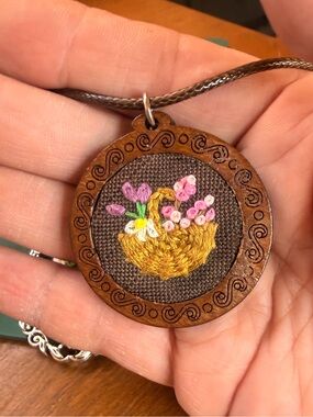 Hand Embroidered Basket Pendant | Tiny Textile Art Necklace | Handmade Floral